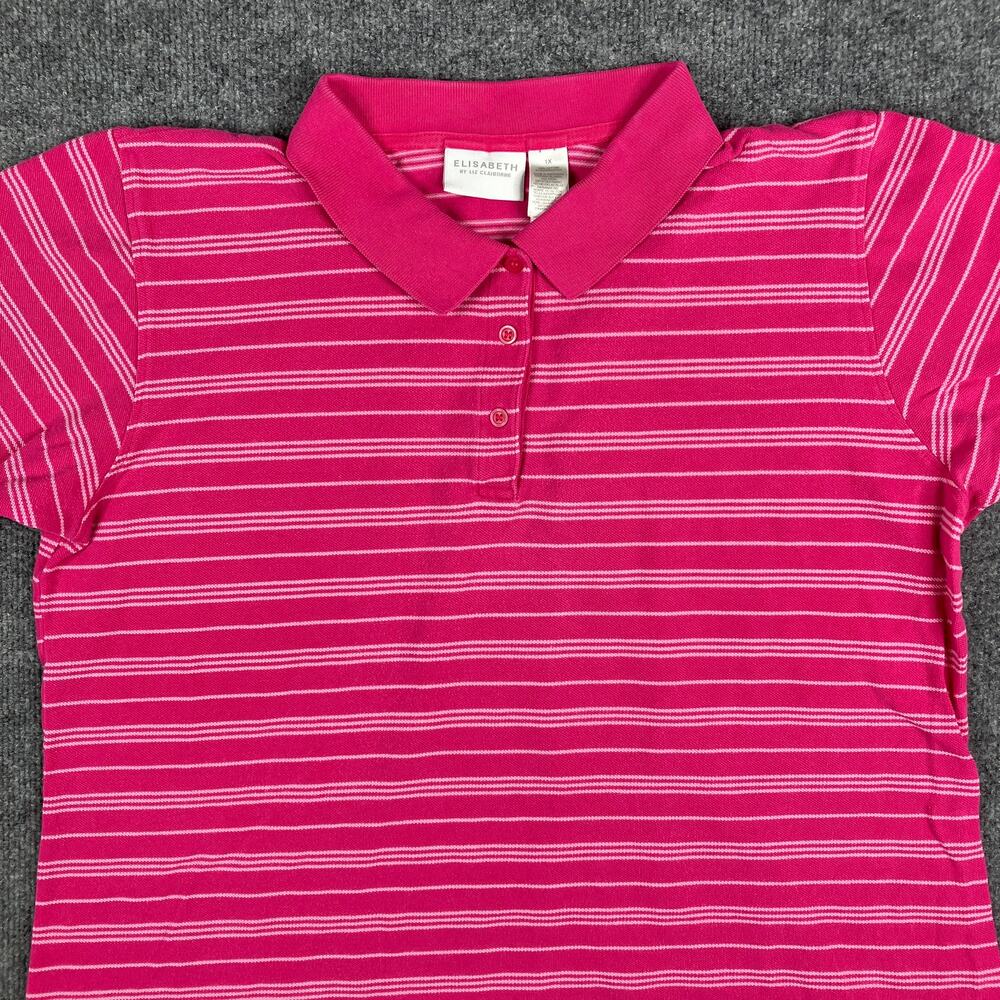 Elisabeth Liz Claiborne Polo Womens 1X Pink Stripe Cotton Short Sleeve Casual